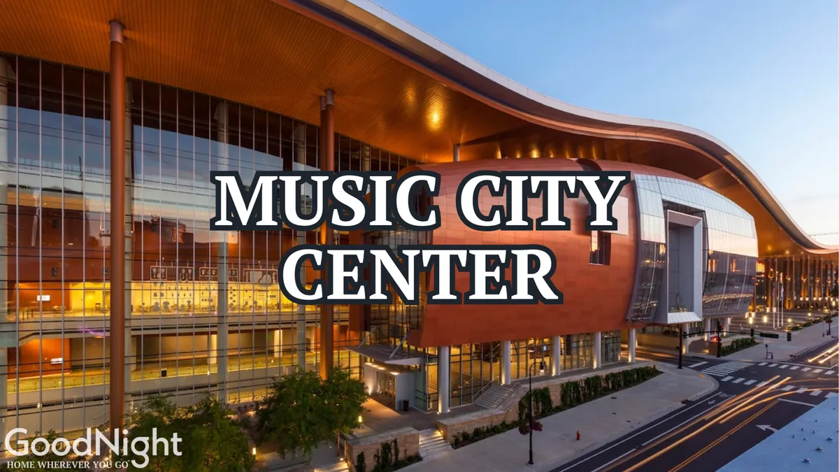 This image showcases the iconic Music City Center, a landmark within an easy walk from the property. The dynamic glass architecture and landscaped entrance capture the energy and vibrancy of downtown Nashville, inviting families to explore local events and cultural attractions.