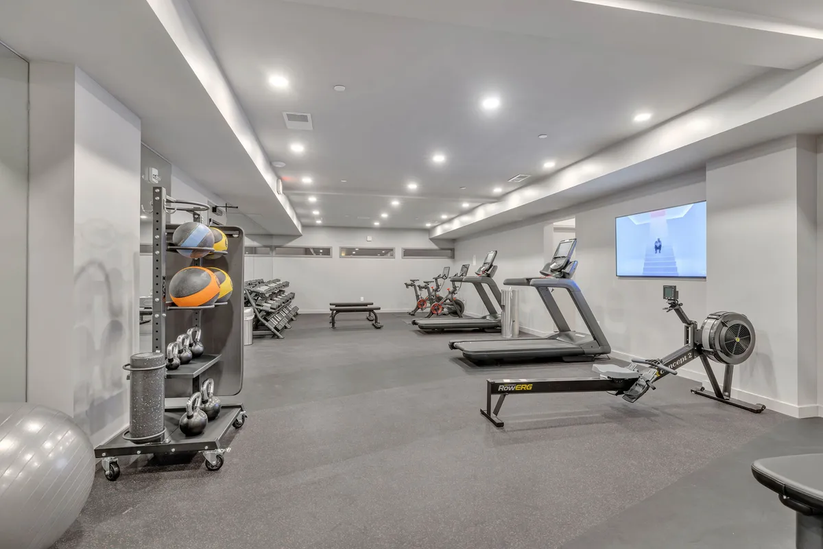 A sleek, well-equipped gym interior featuring treadmills, stationary bikes, a rowing machine, a medicine ball rack, and free weights. The space is energetic and designed for both solo workouts and group fitness sessions, reflecting a state-of-the-art fitness environment.